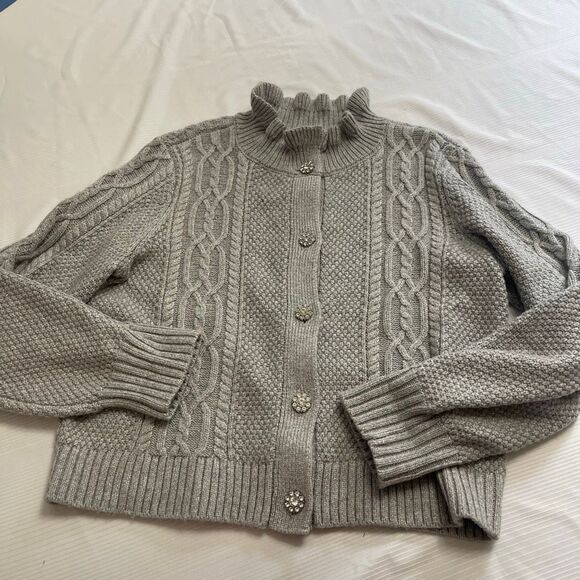 Talbots Women’s Grey Cable Knit Ruffle Rhinestone Mockneck Cardigan Size Large - Picture 1 of 8